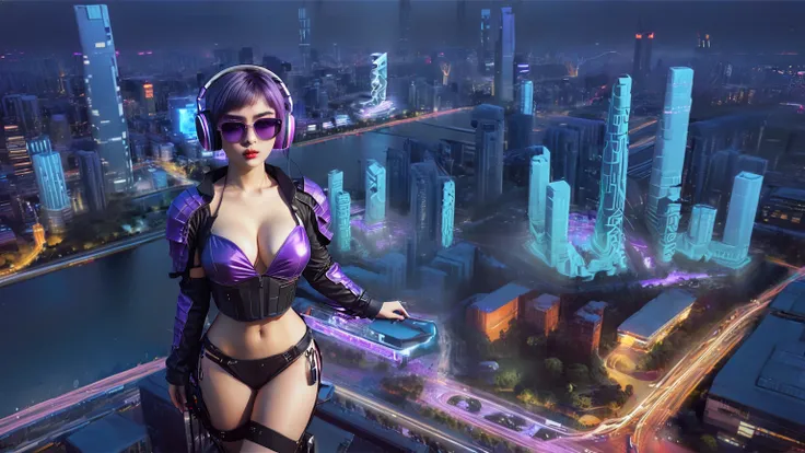 masterpiece, best quality, high resolution, 8k, (Portrait Photos:1.5), (R Original Photo), real picture, Digital Photography, (A fusion of cyberpunk and fantasy), 20 year old girl, solo, (((black sunglasses, headphone))), Feel free to hairstyle, Purple Eye...