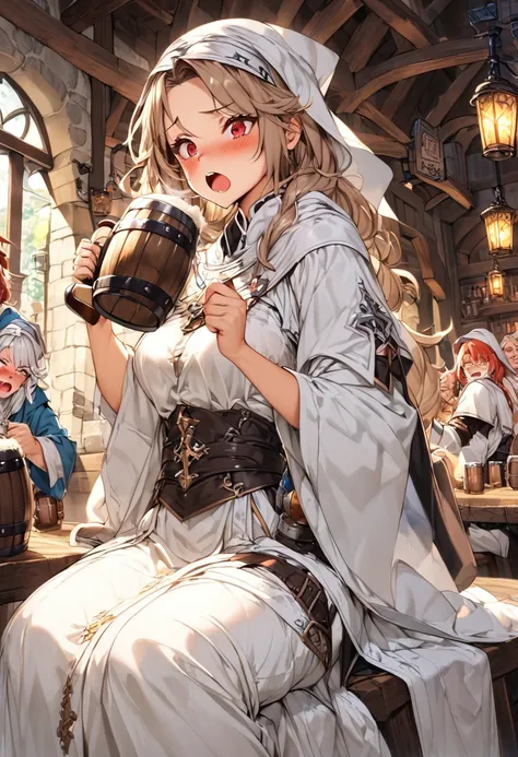 Adult female, average Height, very short brown nair, red eyes, cleric, black on white cleric robes, blushing, tsundere, yelling, drunk, drinking from tankard, sitting, fantasy tavern, highly detailed, high quality, perfect eyes