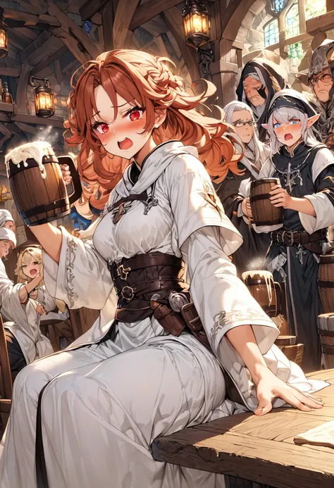 Adult female, average Height, very short brown nair, red eyes, cleric, black on white cleric robes, blushing, tsundere, yelling, drunk, drinking from tankard, sitting, fantasy tavern, highly detailed, high quality, perfect eyes