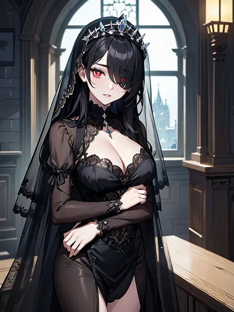 (Super detailed:1.3), ((((best quality)))), ((masterpiece)), female focus, solo,hotify, stunning beauty, powerful glow, detailed face, detailed eyes, detailed lips,castle interior background,(nighttime),moonlight,((black hair)),long hair, black mourning dr...