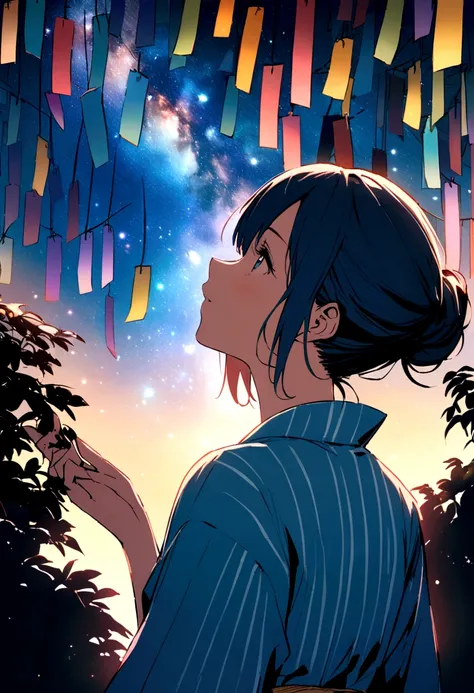 Back view of a woman wearing a light blue yukata,Looking up at the Milky Way,Tanabata