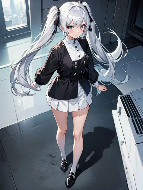 White capellets、Black high neck shirt、 black tights, full body、looking back, from above、clear face, silver hair, twintails, Black tight mini skirt, anime, tachi-e, masterpiece, best quality, 4K
