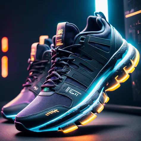 Product photography of cyberpunk sneakers, Epic rendering, octane, atmosphere, particle, Soft volumetric light, (Backlight:1.3), (Movie:1.3), Intricate details, (Art Station:1.3)