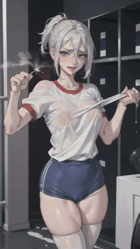 (masterpiece:1.2, best quality), (1lady, upper body:1.2), shaggy silver hair cut with pony tail , shiny blue eyes,  (orgasm face:1.5) , (gym uniform,red buruma, white shirt, short sleeves, thighs:1.3),
indoors, locker room,,rolling eyes,(bitting own lip:1....