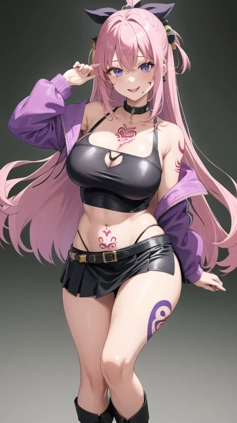 gotoh history, 1girl, 独奏, long hair, looking at viewer, smile, one side up,pink track jacket, large breasts, blue eyes, hair between eyes,  cube hair ornament,upper body,pink hair, long hair （Black knee-length socks:1.4）Micro mini skirt twin tails, Hair Ri...