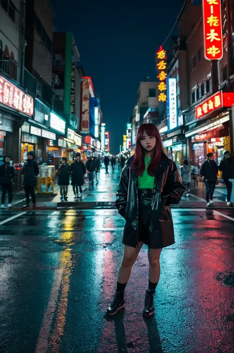 At night on Chinatown Road, Yaowarat, there is an open area. There is a Korean female idol wearing a hip-hop style outfit, standing in a cool pose in the middle of the road. The lights at night are beautiful and realistic. 64K Perspective view from the gro...