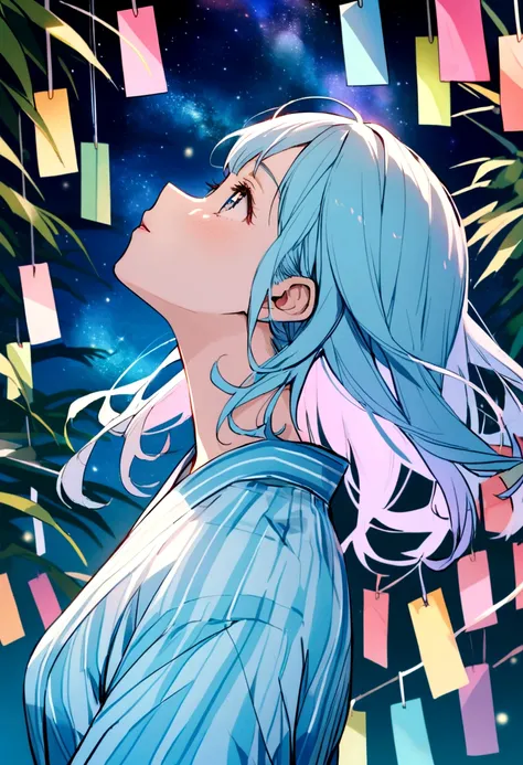 A close-up of a woman wearing a light blue yukata,Looking up at the Milky Way,Tanabata,