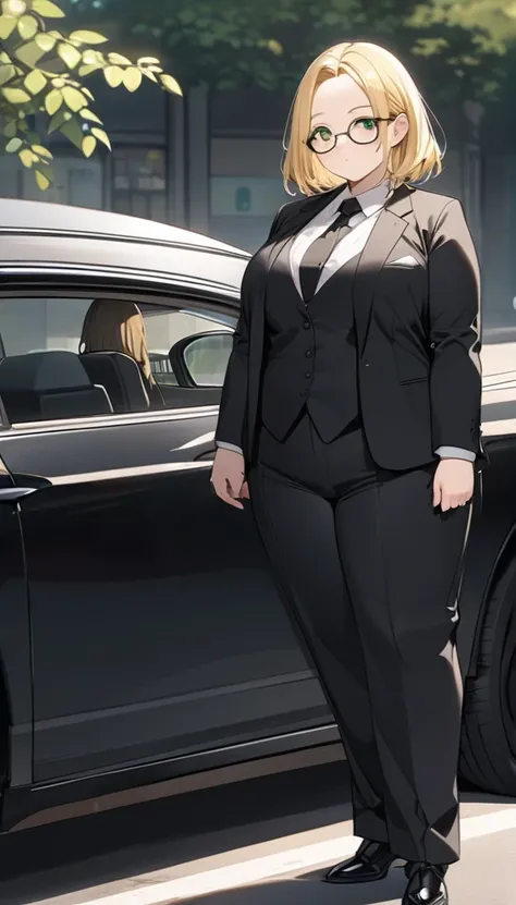 chubby girl, blonde, green eyes, medium length hair, open forehead, without bangs, glasses with black square frames
Black tuxedo, black suit, standing by the car