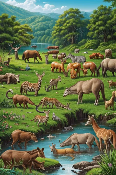 Create an image featuring a diverse array of animals, all gathered in a single, harmonious scene. Include a variety of species from different habitats such as mammals, birds, reptiles, amphibians, and insects. Ensure the animals are depicted in a realistic...