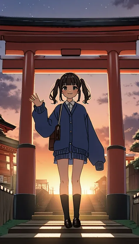 One Girl, (Sunset sky), Standing and waving, School Area, Rural landscape, scenery, School Cardigan, (Sleeves are longer than the wrist), Powerful loafers, Black ash two side up hair, Blunt bangs, Beautiful dark eyes, Black knee socks, Cinema Lighting, Upp...