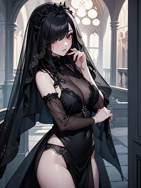 (Super detailed:1.3), ((((best quality)))), ((masterpiece)), female focus, solo,hotify, stunning beauty, powerful glow, detailed face, detailed eyes, detailed lips,castle interior background,(nighttime),moonlight,((black hair)),long hair, black mourning dr...