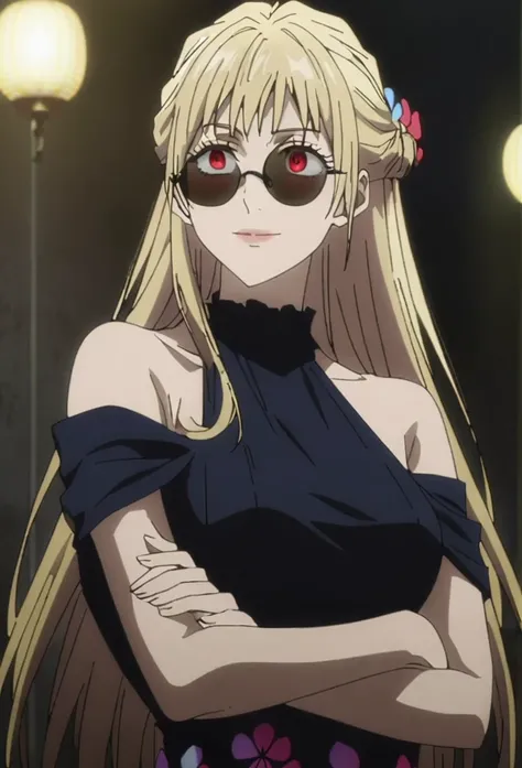 1girl, female gojo satoru, anime screencap from jujutsu kaisen, gojo satoru female version, solo, long_hair, red eyes ((blonde_hair)), night view, breasts, upper_body, smile, indoors, book, bangs, blue_eyes, lips, (wearing round sunglasses, black colour, b...