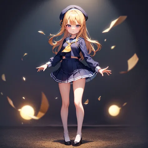 (Sailor suit),(((Navy Mini Skirt))),beret,,Cute little ,Tiny ,Small girl,,Childish face, Very fine clean face,Top quality, Big eyes,Straight Hair,Yellow hair,Crimson Eye,(Dark Room), Subtle light, Natural light,Soft lighting,Light from directly behind, (Ar...