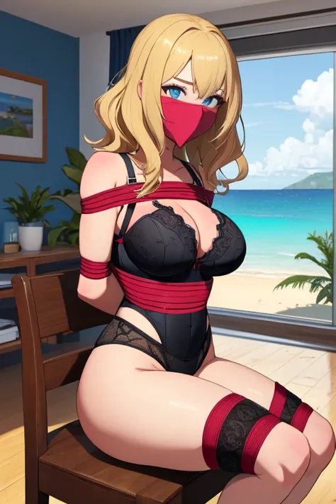 1 girl, detailed blue eyes, lange wimpern, detailed beautiful face, 4k quality, a Bit curly hair, (Long blonde hair:1.4), (arms behind back:1.5), gefesselte Arme, Red rope, blushing, (Big breasts:1.6), (black underwear, schwarze hübsche unterwäsche, 18 jea...