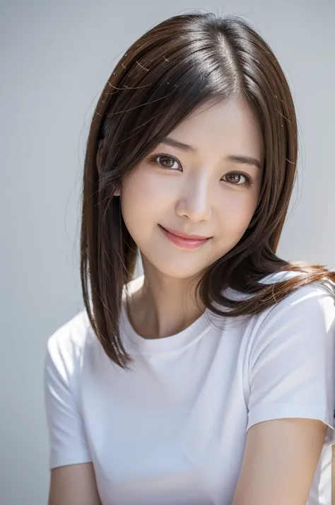 Japanese women, 40s, White background, simple背景,Long Hair、White-brown hair, Slender, 4K, 8K, High quality, Beauty products, EyesBeautiful Eyes, simple, It is high resolution.,1 person,Beautiful Skin,Beautiful Skin、Natural smile、Short sleeve、Wearing a white...