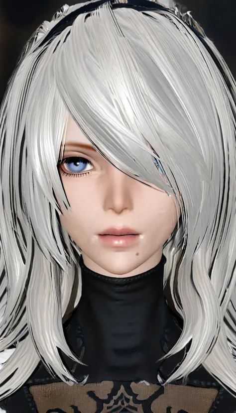 1girl, solo,nier 2b, long_hair, hair_over_one_eye, blonde_hair, sweater, looking_at_viewer, blue_eyes, upper_body, realistic, lips, turtleneck, white_sweater, blurry, turtleneck_sweater, blurry_background, wavy_hair, closed_mouth, nose