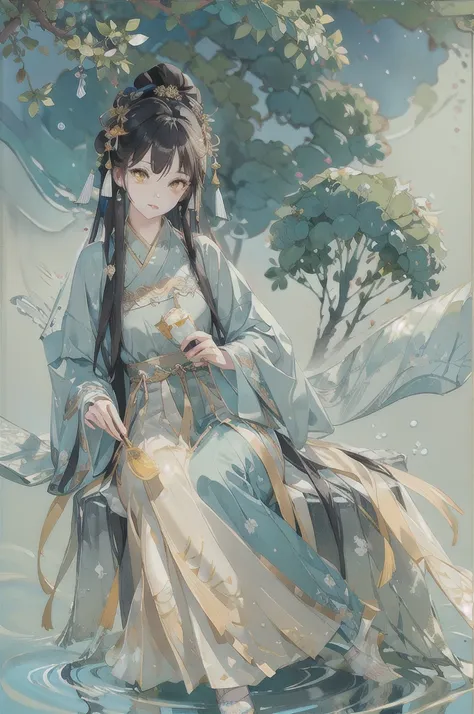 best quality, intricate details, highres,(beautiful detailed water:1.4),(hanfu, tang style),yellow eyes,(1girl in glass jar:1.1),