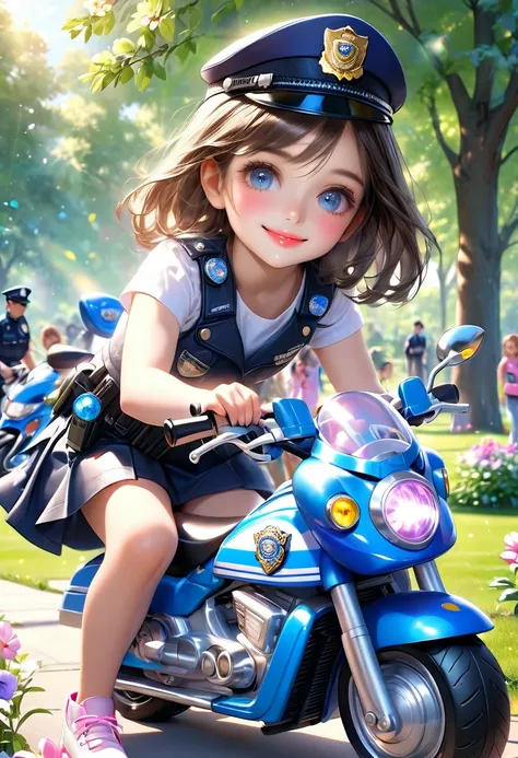 A young girl playing with a toy police motorcycle in a park, extremely detailed, high quality, photorealistic, beautiful detailed eyes, beautiful detailed lips, cute expression, playing, smiling, toy police motorcycle, park, flowers, trees, sunlight, vibra...