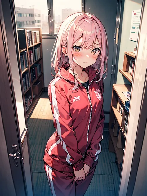 体育倉庫室で青い長袖tracksuit in schoolを脱ぐExhibitionismの女, blush, ((Exhibitionism, shame))
