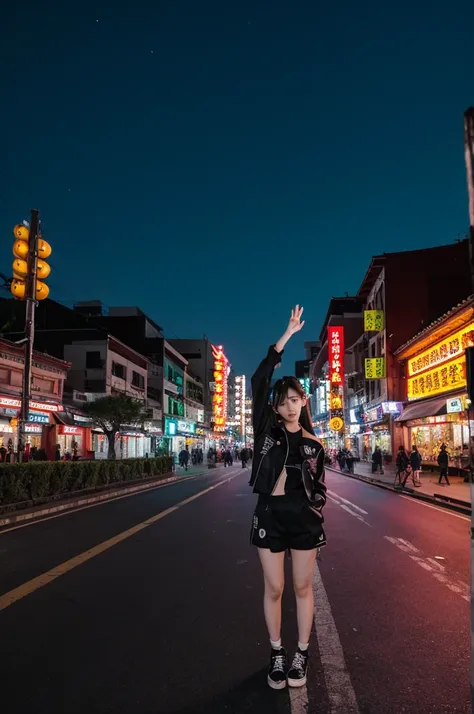 At night on Chinatown Road, Yaowarat, there is an open area. There is a Korean female idol wearing a hip-hop style outfit, standing in a cool pose in the middle of the road. The lights at night are beautiful and realistic. 64K Perspective view from the gro...