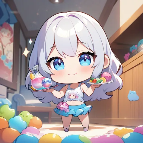 masterpiece、Highest quality、Depth of subject、２D illustration、1 beautiful girl、独奏, (((chibi style)))、((Long, beautiful hair))、Shiny silver hair、cute、Beautifully detailed eyes、((Tank top))、a glass of blue soda, ((colorful))、mini skirt、((happy smile))、((kitte...