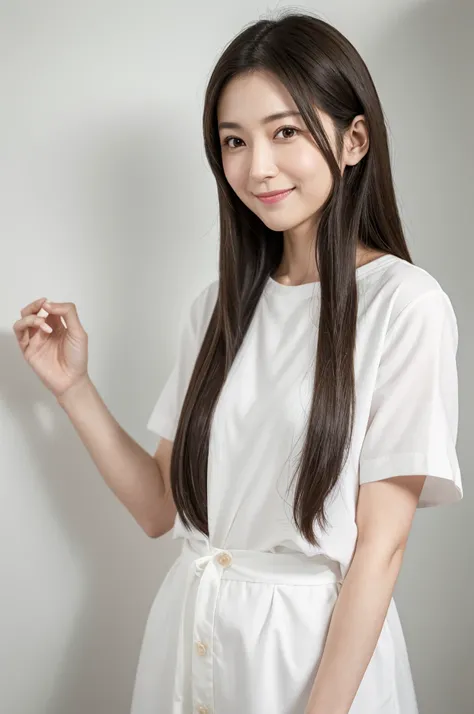 Japanese women, 40s, White background, simple背景,Long Hair、White-brown hair, Slender, 4K, 8K, High quality, Beauty products, EyesBeautiful Eyes, simple, It is high resolution.,1 person,Beautiful Skin,Beautiful Skin、Natural smile、Short sleeve、Wearing a white...