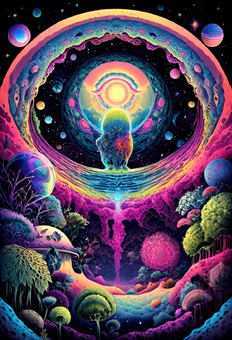 High-resolution details, astronaut, Planets in the background, Psychedelic cosmic horror, Psychedelic illustration, Space, plant growth, The world of disease, Background space graphic art, Cosmic illustration, Space, Cosmic LSD Poster Art, There is a space...