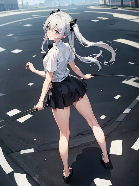 White capellets、Black high neck shirt、 black tights, full body、looking back, from above、clear face, silver hair, twintails, Black tight mini skirt, anime, tachi-e, masterpiece, best quality, 4K
