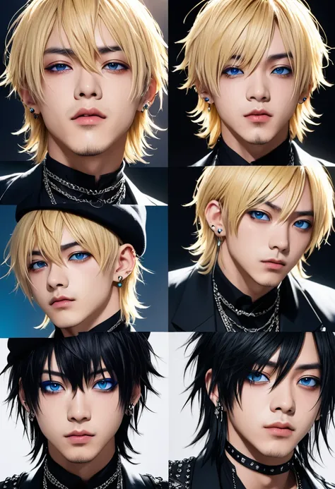 Ultra-high resolution,(Realistic:1.4), ((Highest quality)), ((masterpiece)), Blonde,Short Hair、Flowing bangs、blue eyes,Cool guy,Musician、Close-up、adultの歳,Short bangs,Cool piercings,Sparkling、Sidelong glance、Alluring、adult、looks strong、Visual Kei、Handsome、H...