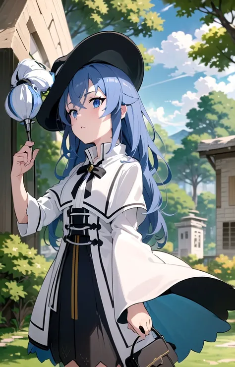 (masterpiece:1.4), (Highest quality:1.4), (((Pixel Perfect, Perfect in every detail))), One girl,  body, Roxy Migurdia, Blue Hair, Long Hair, Hair between the eyes, Twin Blade, blue eyes, Witch Hat, White collared shirt, Long sleeve, Wide sleeves, White ca...