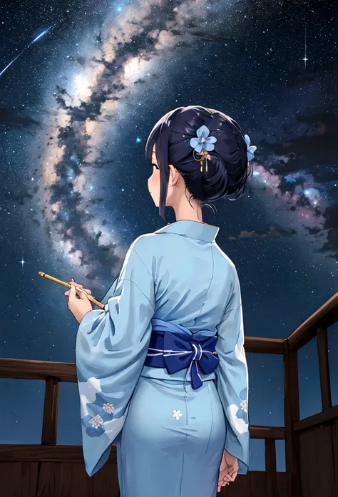 Back view of a woman wearing a light blue yukata,Looking up at the Milky Way,Tanabata