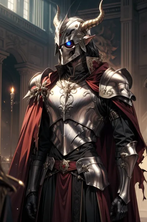 blurry background, breastplate, fake horns, full armor, gauntlets, glowing, hailoknight, helmet, horns, jewelry, pauldrons, red cape, robot, shoulder armor, skeleton, standing, torn clothes, upper body, white gloves, dinamic pose,