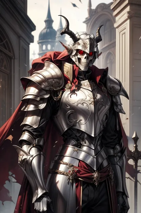 blurry background, breastplate, fake horns, full armor, gauntlets, glowing, hailoknight, helmet, horns, jewelry, pauldrons, red cape, robot, shoulder armor, skeleton, standing, torn clothes, upper body, white gloves, dinamic pose,