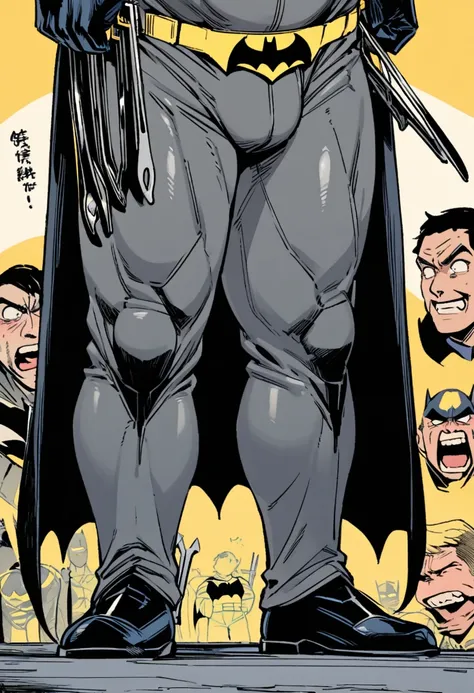 Batman, from front, super fine, lower body shot, middle-aged man, hunk, looking down and mouth wide open with shocked face, Batmans crotch get pinched by many tongs, Batmans crotch squeezed by many tongs,