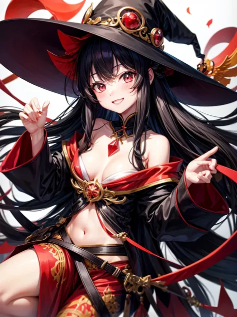 Black long hair girl cute blushing smile kawaii face wearing nekomata witch hat black and red kimono have black staff with red crystal shards 