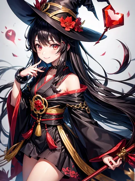 Black long hair girl cute blushing smile kawaii face wearing nekomata witch hat black and red kimono have black staff with red crystal shards 