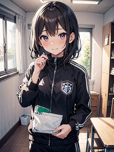 体育倉庫室で青い長袖tracksuit in schoolを脱ぐExpose狂の女, blush, ((Expose, shame, transformation))
