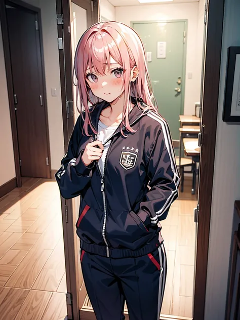 体育倉庫室で青い長袖tracksuit in schoolを脱ぐExpose狂の女, blush, ((Expose, shame, transformation))
