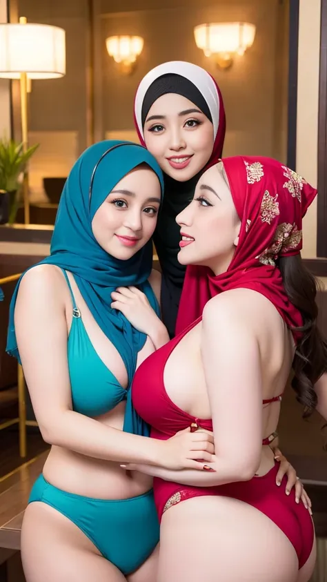 3beatiful women smile , hijab ,pakistan ,thick body ,body curve,body thick,body sexy,body bbw,pake bikini motif bunga , kuning, biru ,ungu, merah ,silver ,pingk, ,sedang di hotel lampu hias