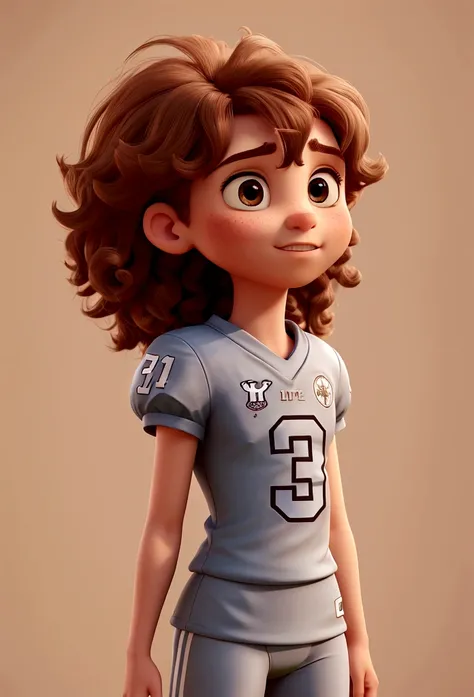 a little, Scrawny, frizzy hair, in football clothes, Disney cartoon style