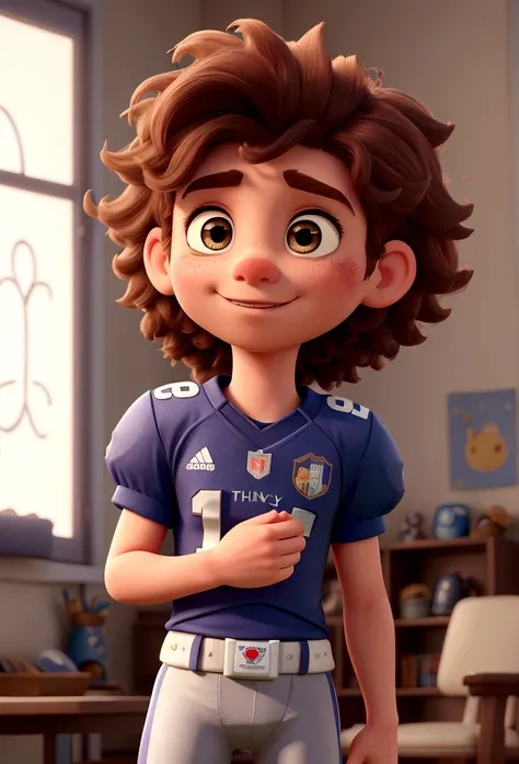 a little, Scrawny, frizzy hair, in football clothes, Disney cartoon style