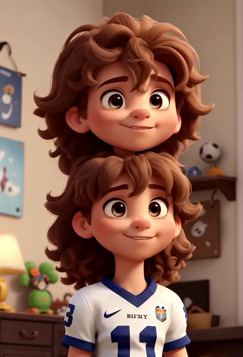 a little, Scrawny, frizzy hair, in football clothes, Disney cartoon style