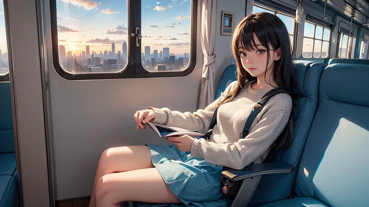   A young girl sits alone on a blue train, gripping a white book. The trains interior is bathed in a cool blue hue, with light wooden flooring and a large window revealing a cityscape outside. The girls expression is one of deep concentration, as if shes l...