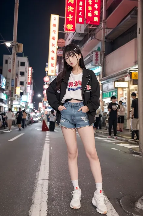 At night on Chinatown Road, Yaowarat, there is a Korean female idol wearing a hip-hop style outfit, standing in a cool pose in the middle of the road. Night lights, beautiful, realistic, 64K Perspective view from the ground to the top. Colorful lights are ...