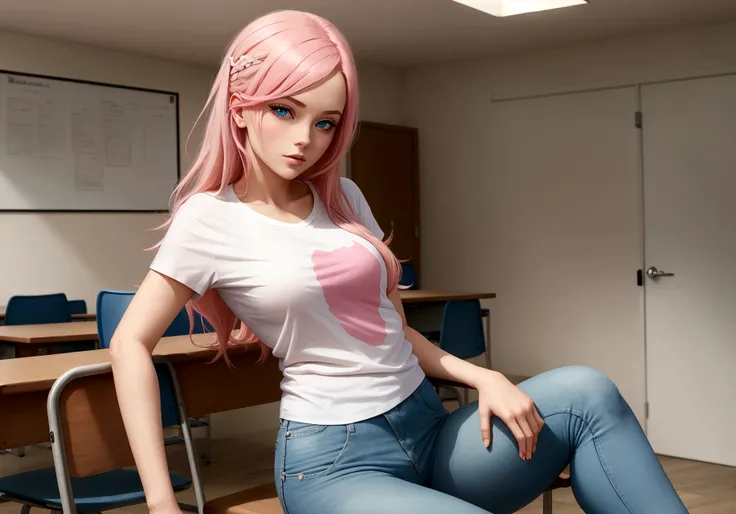 attractive women + pink hair+ blue eyes+ white t-shirt+ jeans+ classroom+ sitting