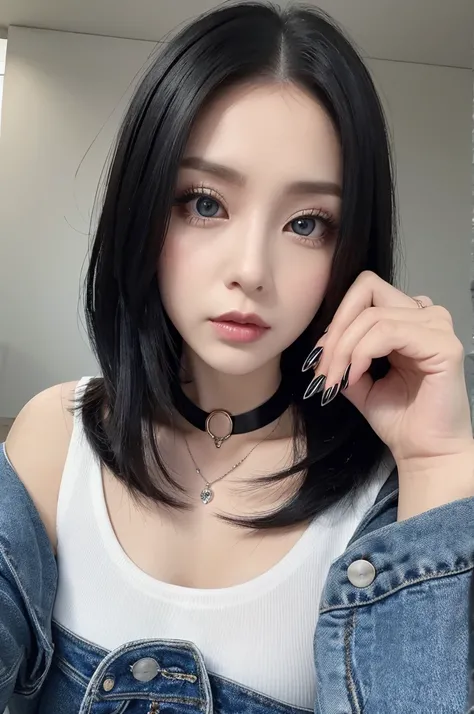 Shiny long black hair parted in the center、White-skinned adult woman。Big eyes、Cat eyes and a tough impression。Nails are black。Wearing a choker。Her chest is F cup。Wearing a black top and denim。
