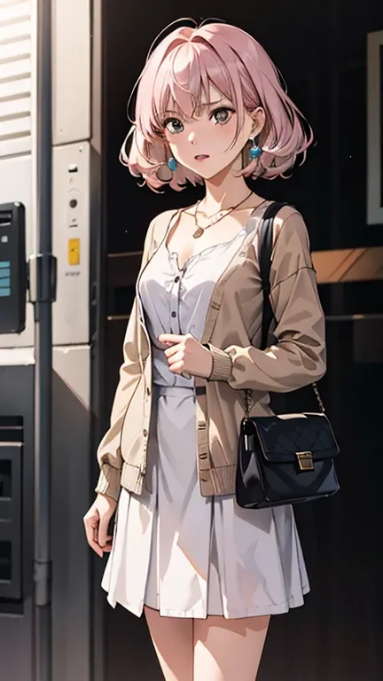 A female systems engineer in her late 20s。。Cold atmosphere。Her hair is semi-long with a loose perm.。Pale pink blouse with a short white flared skirt、Wear a beige cardigan、White pumps。Dainty necklace and earrings。Standing with a small handbag。Good posture、H...