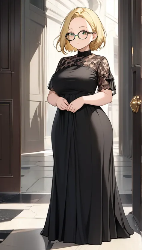 chubby girl, blonde, green eyes, medium length hair, open forehead, without bangs, glasses with black square frames
black dress, long dress, elegant dress, standing near 