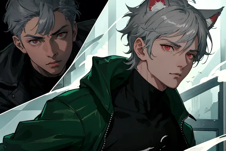 1 boy, bar background simple background, delicate eyes, boy with gray hair and cat ear, red eye, wearing black turtle neck with green bomber jacket, dynamic lighting, dynamic effect, cinematic light, Best quality, highly detailed, masterpiece, ultra detail...