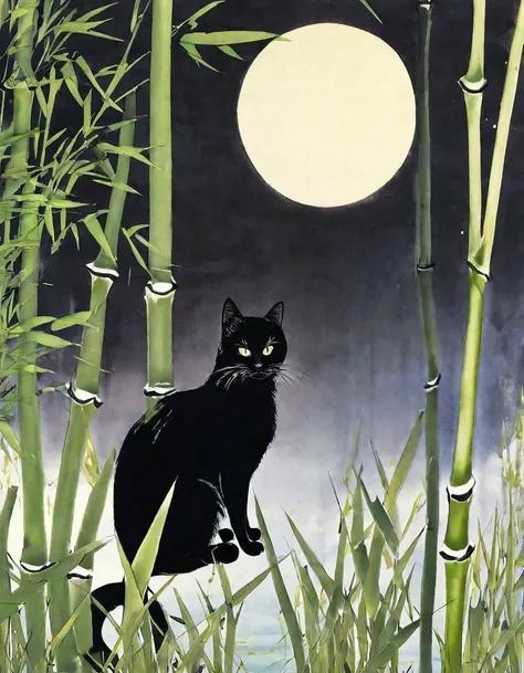 highest quality, masterpiece, high resolution, super long shot,whity,moon,beautiful nature,mountain,black cat,浴衣を着た笹river能孝さん,ri...